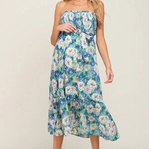 Pinkblush Blue Floral Smocked Strapless Maternity Midi Dress